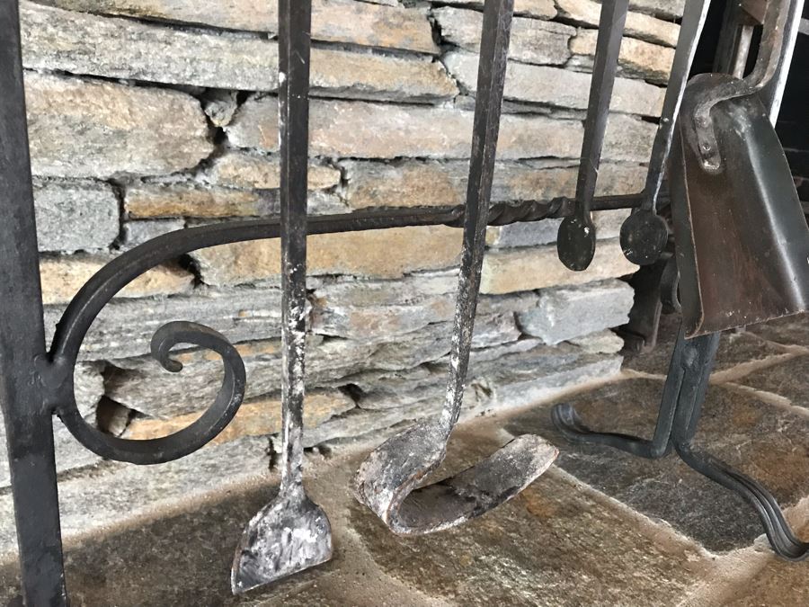 Antique Wrought Iron Fireplace Tools With Stand And Antique Fireplace Andirons [Photo 13]