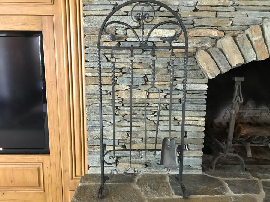 Antique Wrought Iron Fireplace Tools With Stand And Antique Fireplace Andirons [Photo 9]
