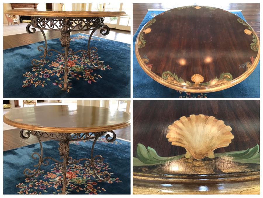 5' Round Hand Painted Wooden Table Top With Metal Base 35'H