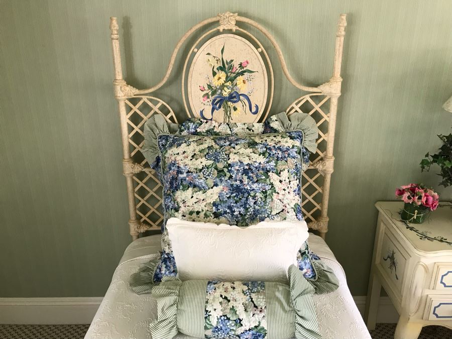 (3) Hand Painted White Metal Headboards With Metal Bed Frames Plus All Quilts, Bedding, Pillows, Mattresses Included With Twin Beds [Photo 3]