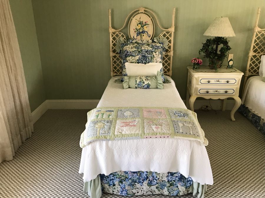 (3) Hand Painted White Metal Headboards With Metal Bed Frames Plus All Quilts, Bedding, Pillows, Mattresses Included With Twin Beds [Photo 2]
