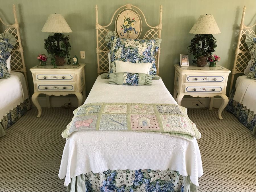 (3) Hand Painted White Metal Headboards With Metal Bed Frames Plus All Quilts, Bedding, Pillows, Mattresses Included With Twin Beds [Photo 8]