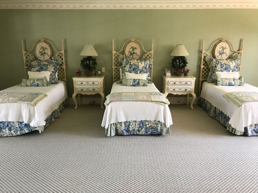 (3) Hand Painted White Metal Headboards With Metal Bed Frames Plus All Quilts, Bedding, Pillows, Mattresses Included With Twin Beds [Photo 7]