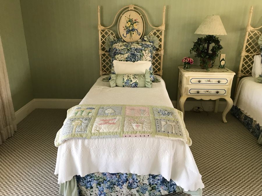 (3) Hand Painted White Metal Headboards With Metal Bed Frames Plus All Quilts, Bedding, Pillows, Mattresses Included With Twin Beds [Photo 10]