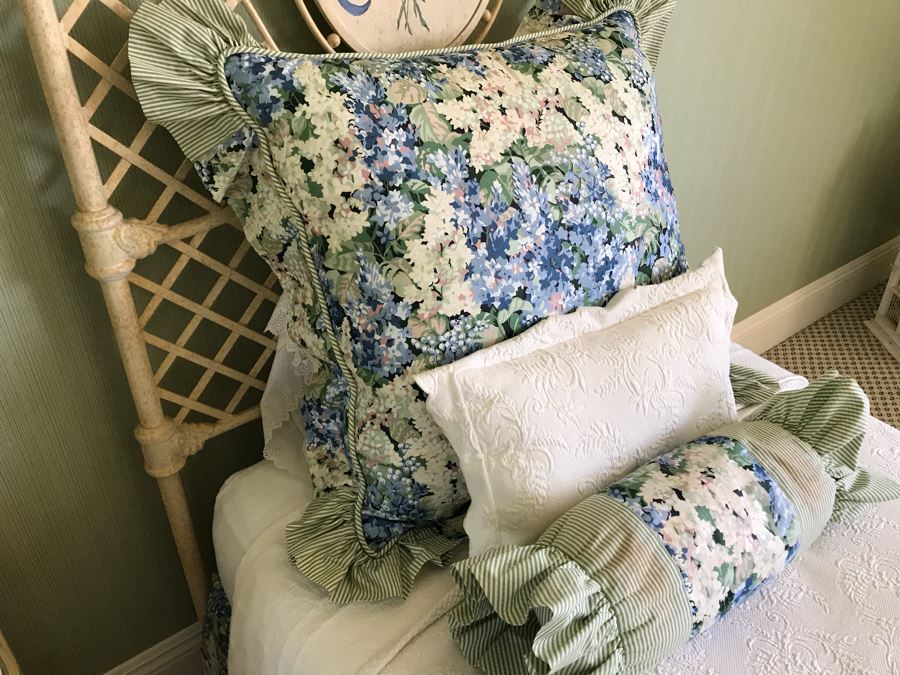 (3) Hand Painted White Metal Headboards With Metal Bed Frames Plus All Quilts, Bedding, Pillows, Mattresses Included With Twin Beds [Photo 22]