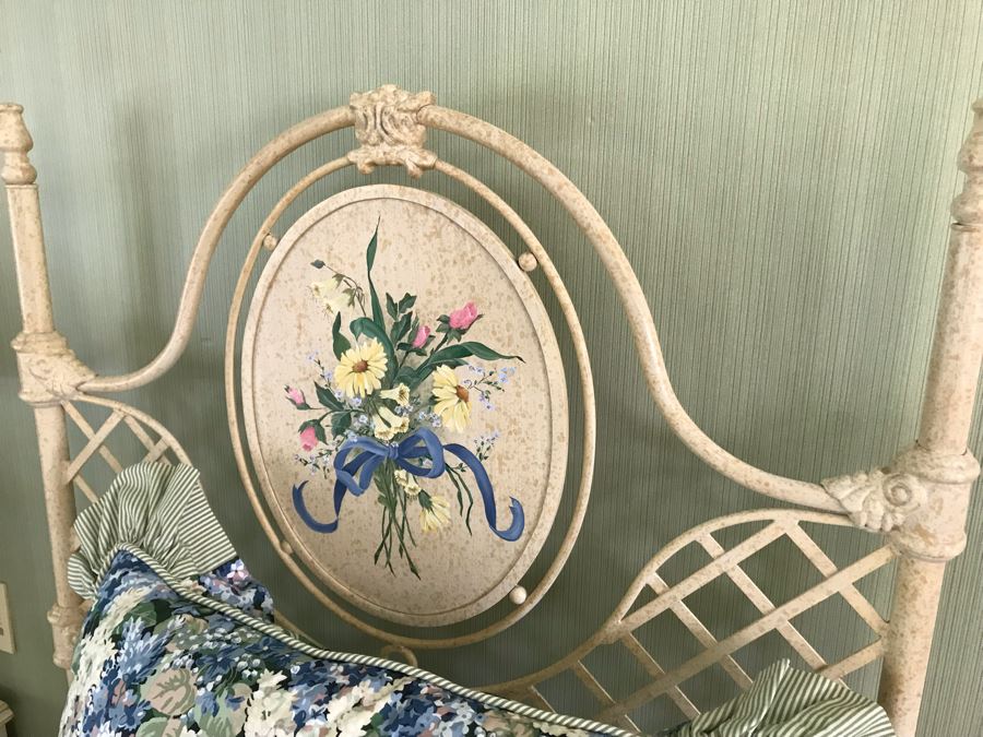 (3) Hand Painted White Metal Headboards With Metal Bed Frames Plus All Quilts, Bedding, Pillows, Mattresses Included With Twin Beds [Photo 16]