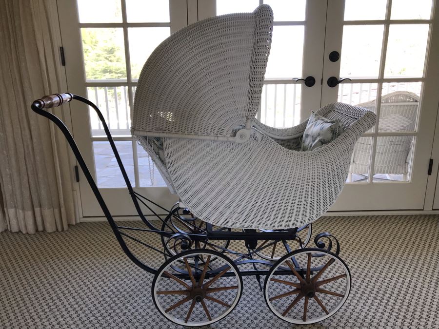 Vintage White Wicker Pram Baby Carriage Stroller With Wooden Spoke Wheels 48'H X 51'L [Photo 1]