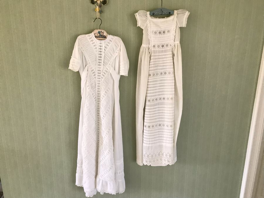 Pair Of Vintage Young Girls White Cotton Dresses With Vintage Wooden Hangers