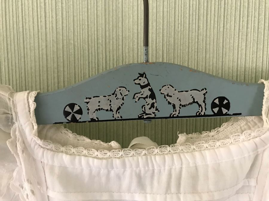 Pair Of Vintage Young Girls White Cotton Dresses With Vintage Wooden Hangers [Photo 11]