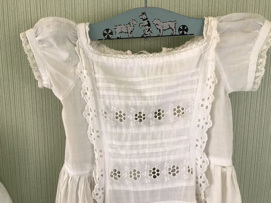 Pair Of Vintage Young Girls White Cotton Dresses With Vintage Wooden Hangers [Photo 12]