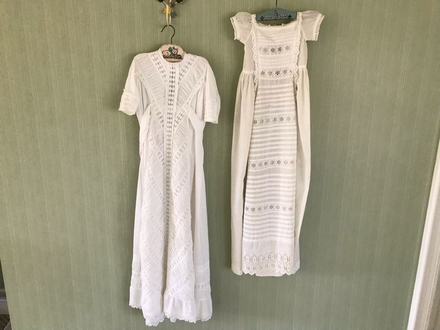 Pair Of Vintage Young Girls White Cotton Dresses With Vintage Wooden Hangers [Photo 2]