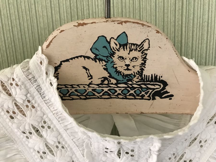 Pair Of Vintage Young Girls White Cotton Dresses With Vintage Wooden Hangers [Photo 3]