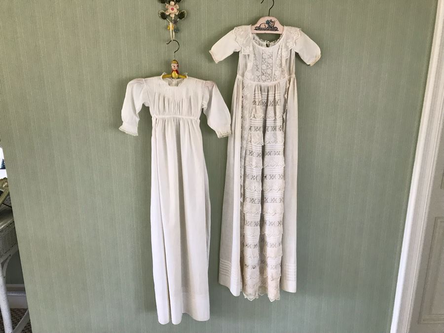 Pair Of Vintage Young Girls White Cotton Dresses With Vintage Wooden Hangers [Photo 1]