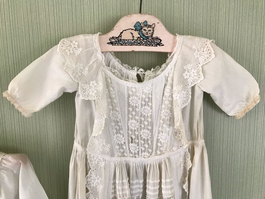 Pair Of Vintage Young Girls White Cotton Dresses With Vintage Wooden Hangers [Photo 2]
