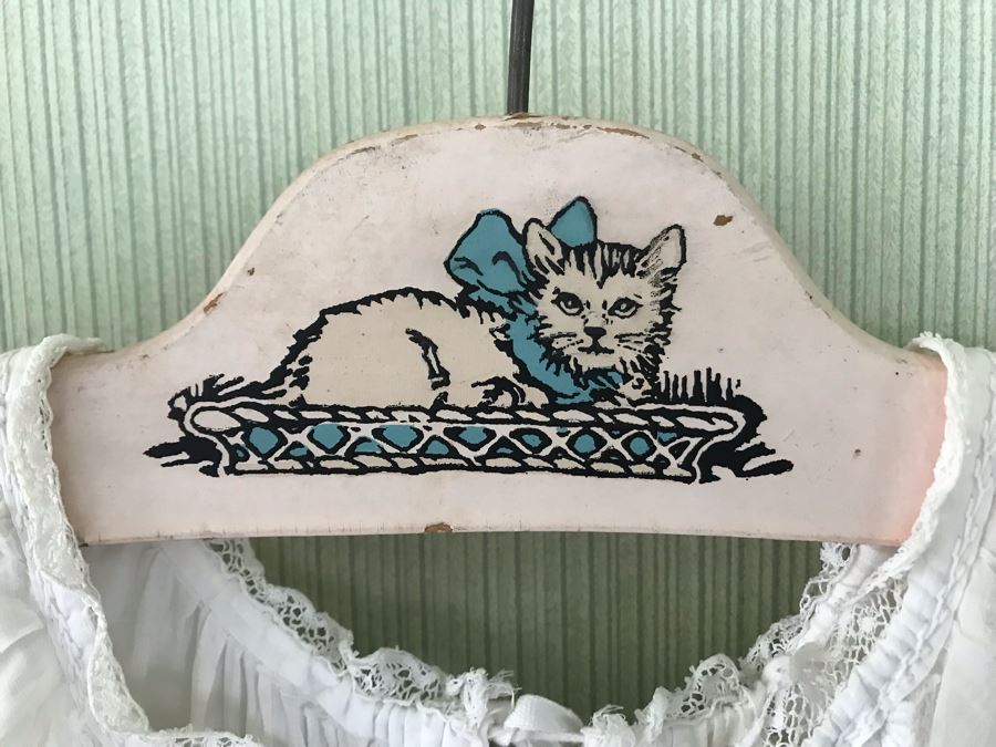 Pair Of Vintage Young Girls White Cotton Dresses With Vintage Wooden Hangers [Photo 3]