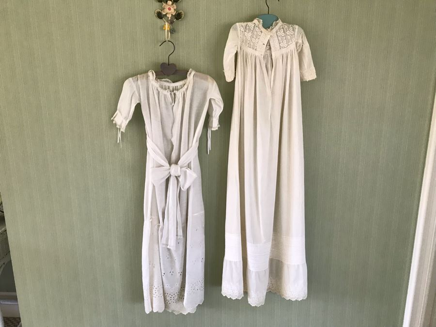 Pair Of Vintage Young Girls White Cotton Dresses With Vintage Wooden Hangers [Photo 12]