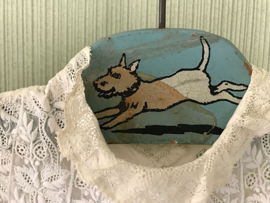 Pair Of Vintage Young Girls White Cotton Dresses With Vintage Wooden Hangers [Photo 5]