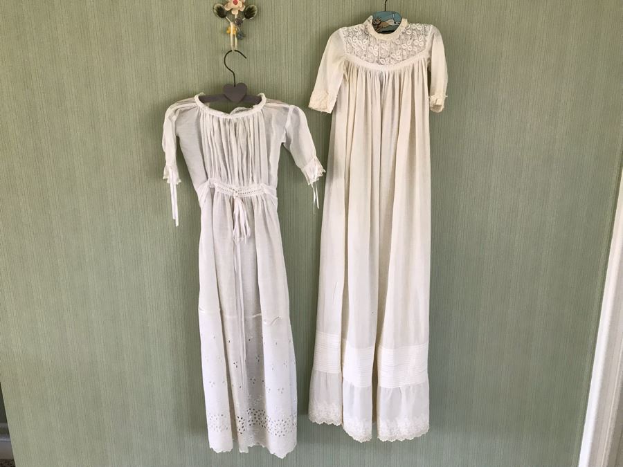 Pair Of Vintage Young Girls White Cotton Dresses With Vintage Wooden Hangers [Photo 2]