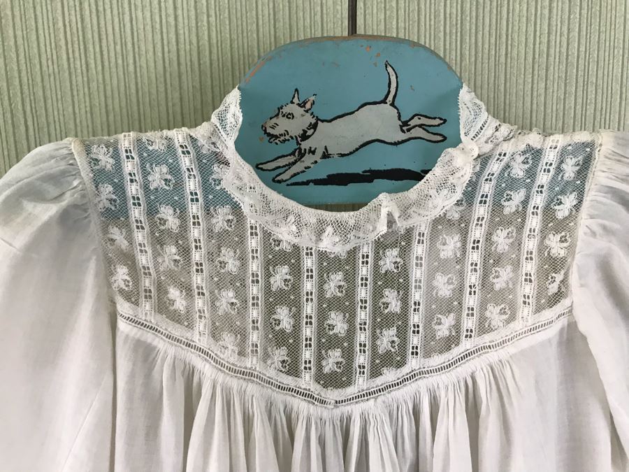 Pair Of Vintage Young Girls White Cotton Dresses With Vintage Wooden Hangers [Photo 4]