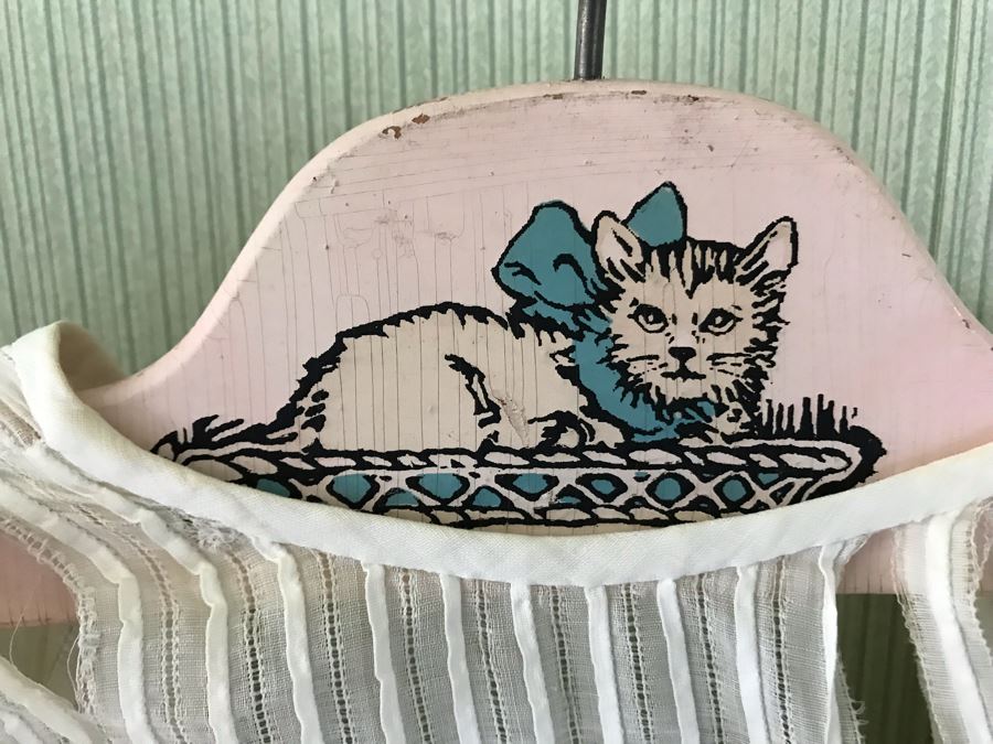 Pair Of Vintage Young Girls White Cotton Dresses With Vintage Wooden Hangers [Photo 8]