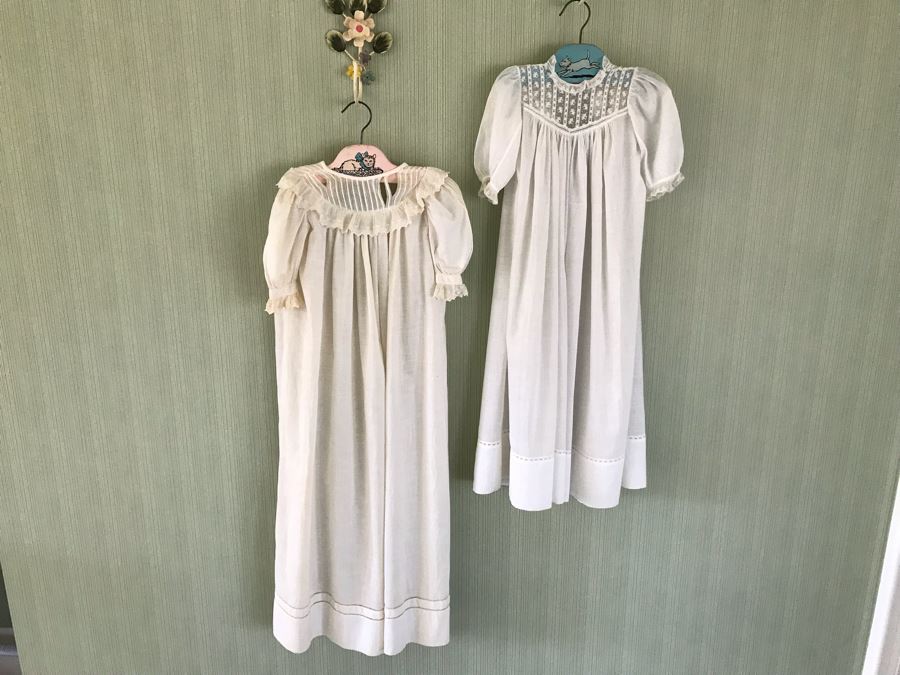 Pair Of Vintage Young Girls White Cotton Dresses With Vintage Wooden Hangers