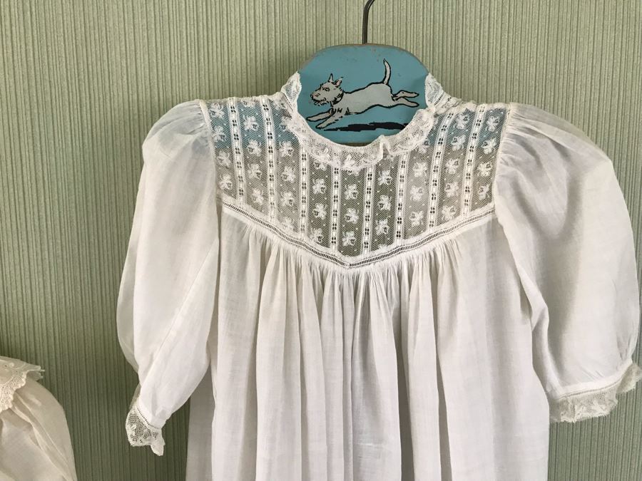 Pair Of Vintage Young Girls White Cotton Dresses With Vintage Wooden Hangers [Photo 2]