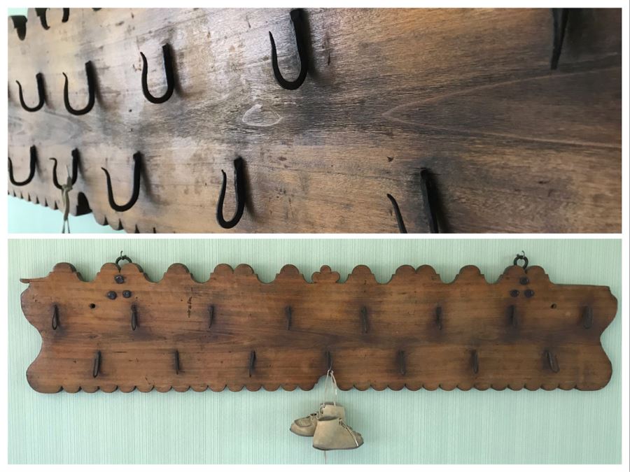 Antique Wall Mounted Rack With (15) Metal Hooks 50'W X 11'H [Photo 1]