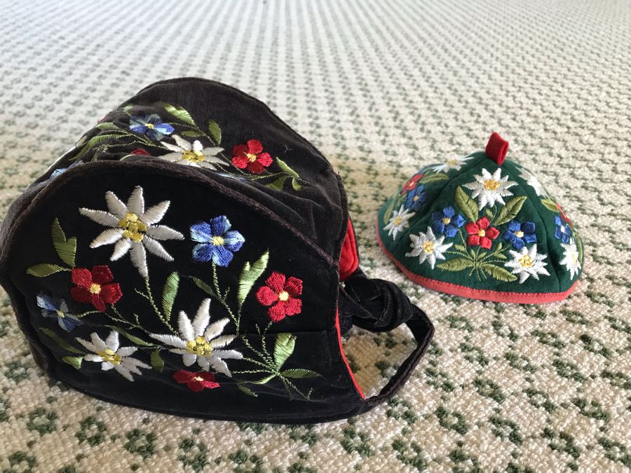 Pair Of Vintage Swiss Embroidered Floral Velvet Kids Hats