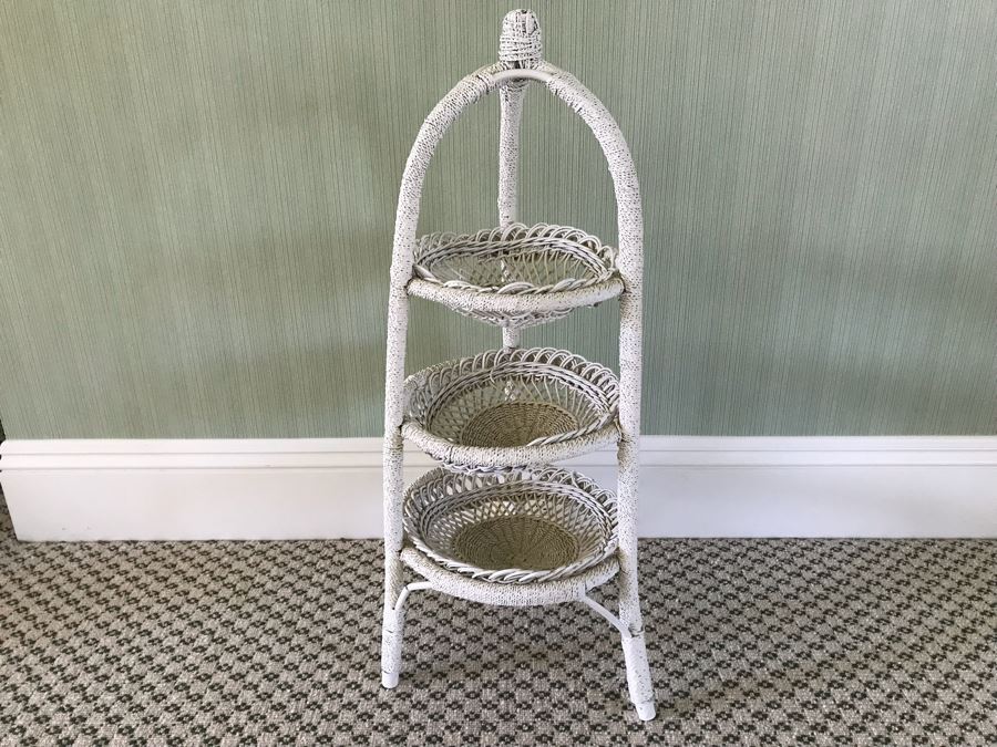 Vintage Shabby Chic White Wicker 3-Tier Stand 30'H [Photo 1]