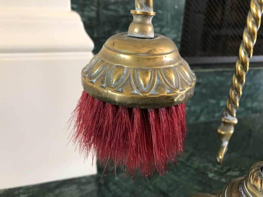 Antique Brass Fireplace Tools With Rack And Wooden Bellows [Photo 10]