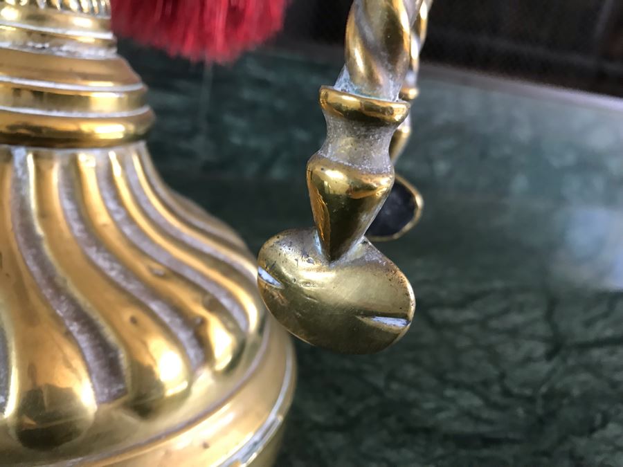 Antique Brass Fireplace Tools With Rack And Wooden Bellows [Photo 9]