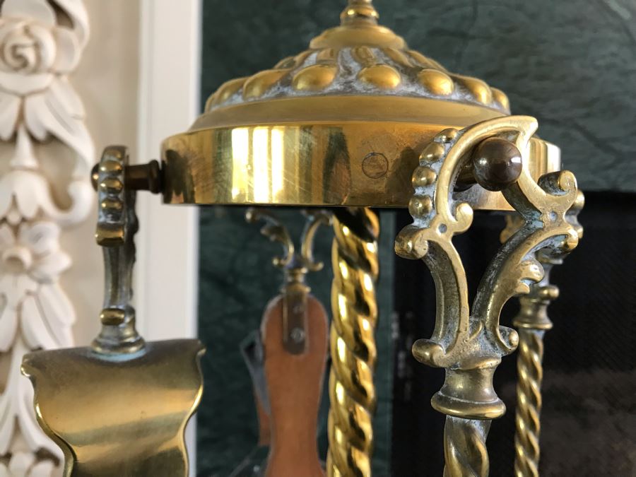 Antique Brass Fireplace Tools With Rack And Wooden Bellows [Photo 6]