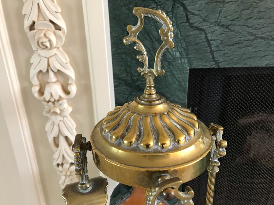 Antique Brass Fireplace Tools With Rack And Wooden Bellows [Photo 3]