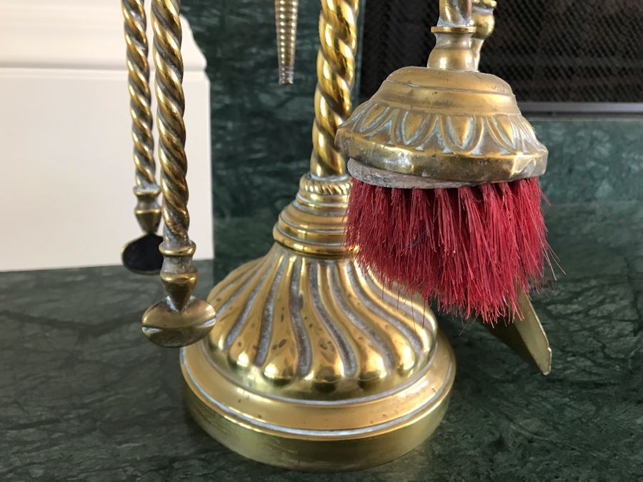 Antique Brass Fireplace Tools With Rack And Wooden Bellows [Photo 5]