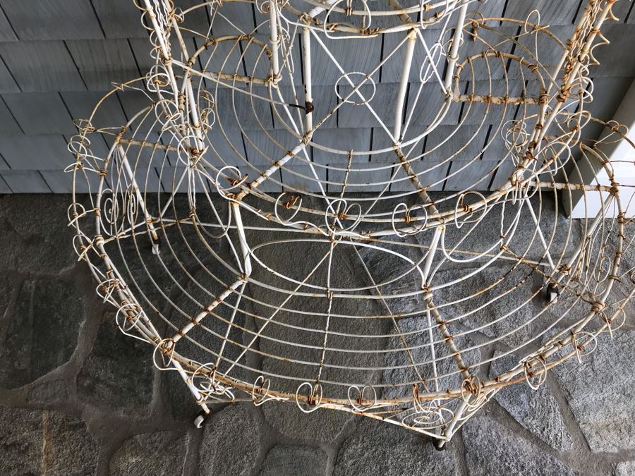 Vintage White Shabby Chic Twisted Wire Frame 3-Tier Plant Stand With Casters [Photo 5]