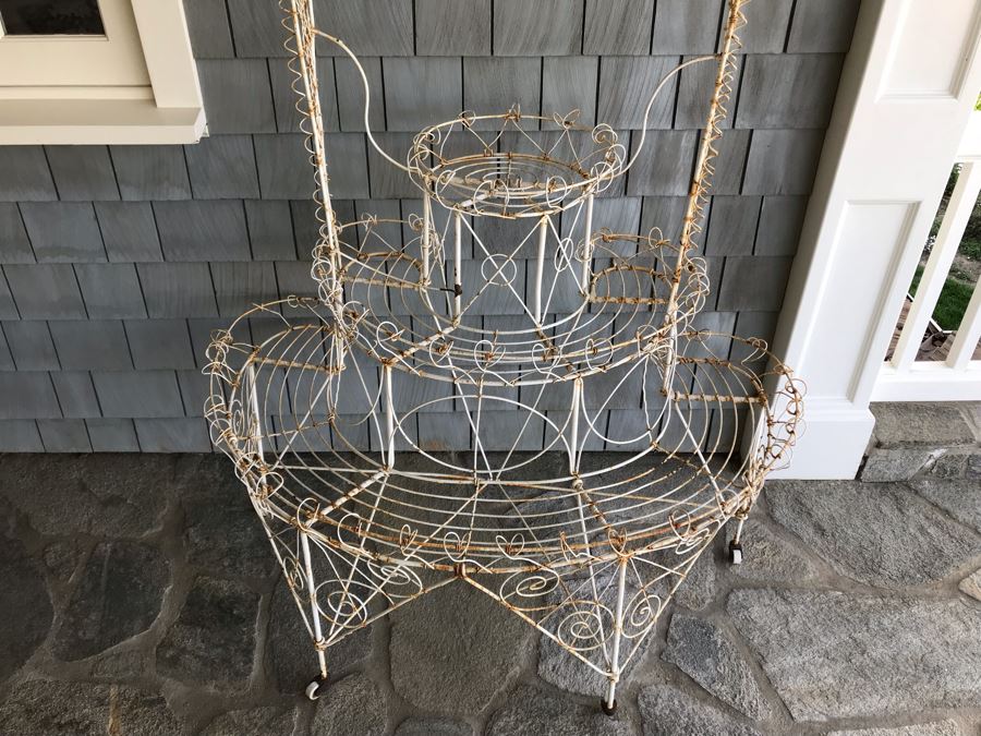 Vintage White Shabby Chic Twisted Wire Frame 3-Tier Plant Stand With Casters [Photo 3]