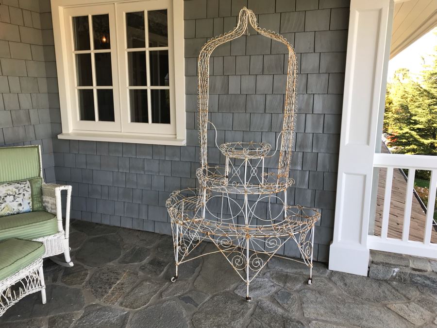 Vintage White Shabby Chic Twisted Wire Frame 3-Tier Plant Stand With Casters [Photo 8]