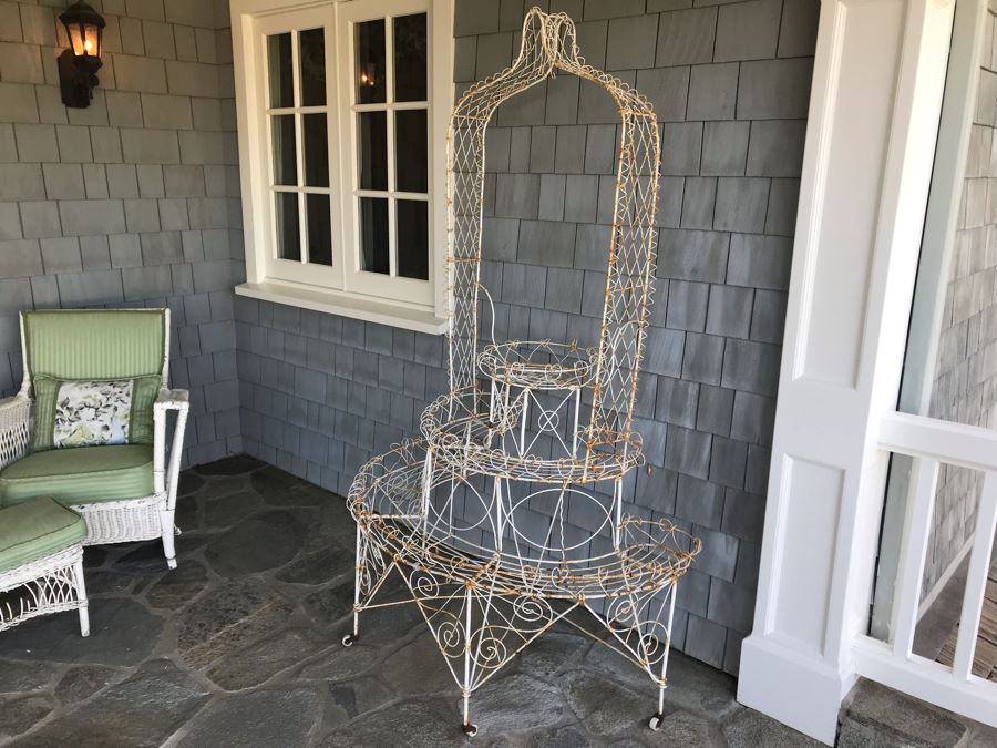 Vintage White Shabby Chic Twisted Wire Frame 3-Tier Plant Stand With Casters [Photo 7]