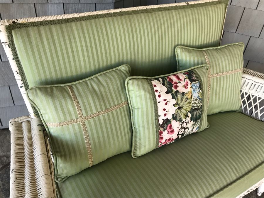Antique Shabby Chic Real Wicker White Upholstered Loveseat With Throw Pillows Originally From Hotel Del Coronado 48'W X 18'D X 37'H [Photo 7]