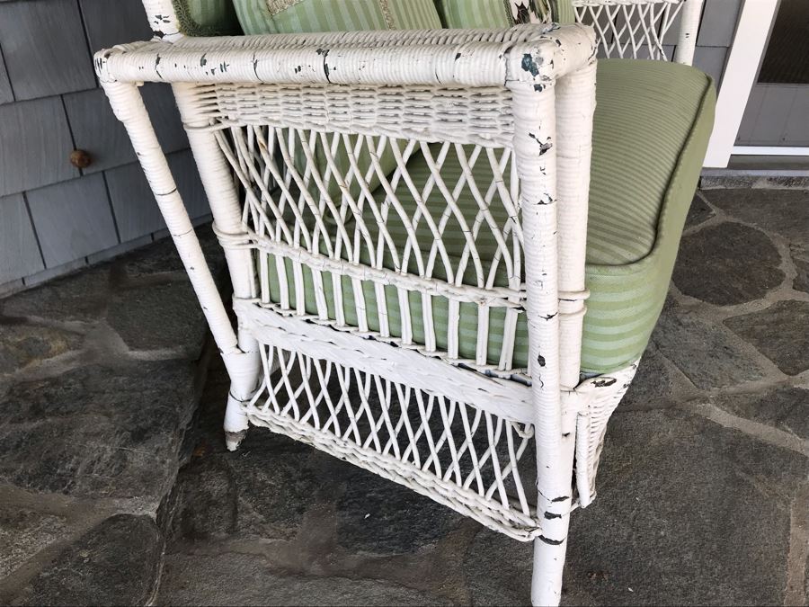 Antique Shabby Chic Real Wicker White Upholstered Loveseat With Throw Pillows Originally From Hotel Del Coronado 48'W X 18'D X 37'H [Photo 6]