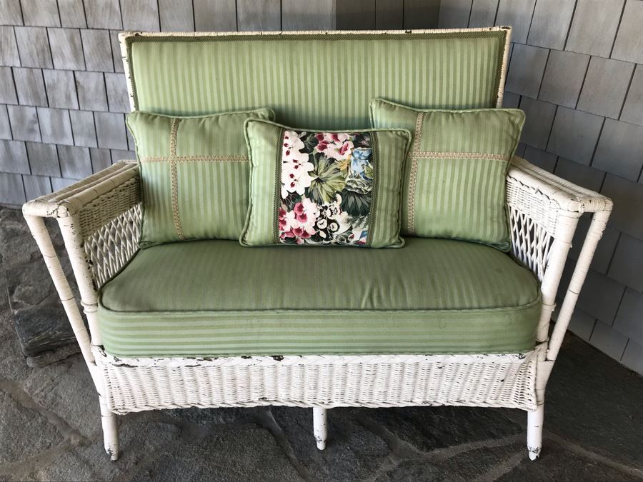 Antique Shabby Chic Real Wicker White Upholstered Loveseat With Throw Pillows Originally From Hotel Del Coronado 48'W X 18'D X 37'H [Photo 3]