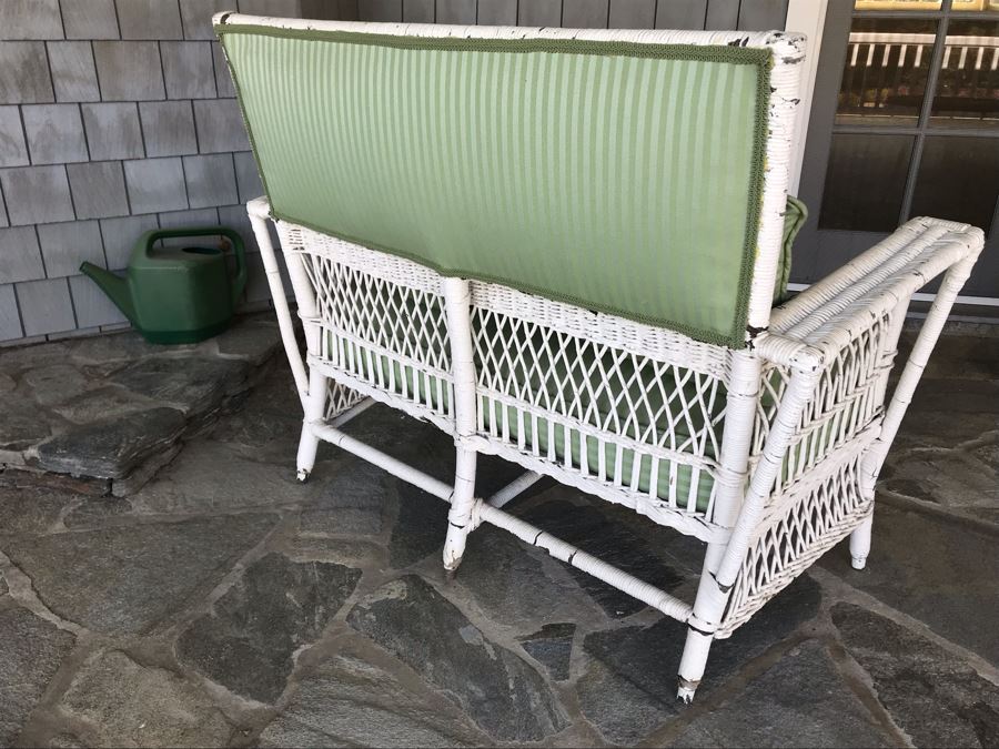 Antique Shabby Chic Real Wicker White Upholstered Loveseat With Throw Pillows Originally From Hotel Del Coronado 48'W X 18'D X 37'H [Photo 8]