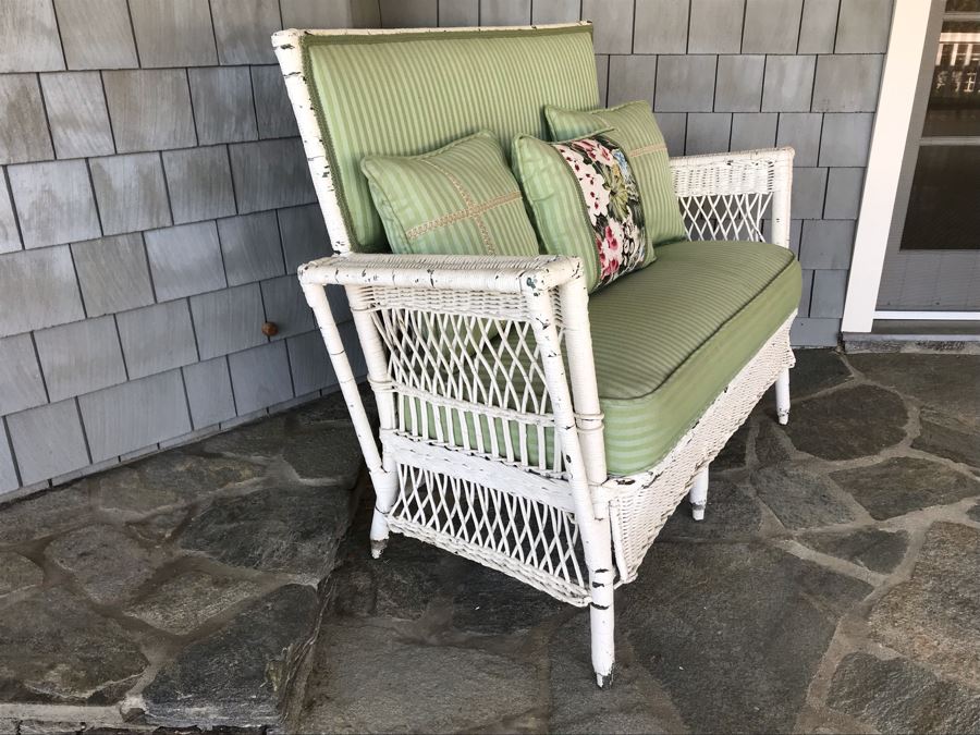 Antique Shabby Chic Real Wicker White Upholstered Loveseat With Throw Pillows Originally From Hotel Del Coronado 48'W X 18'D X 37'H [Photo 5]