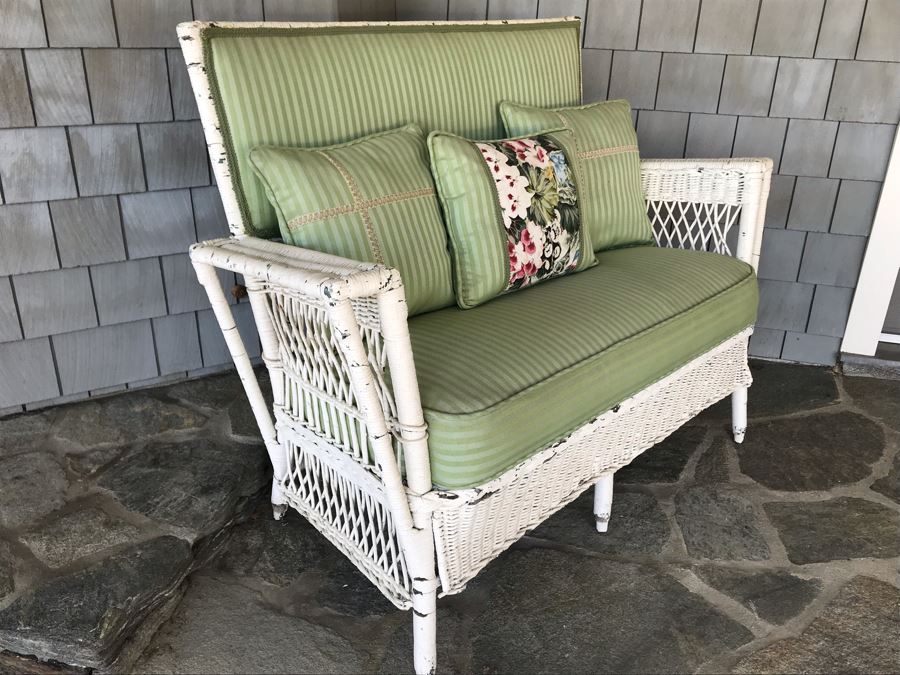 Antique Shabby Chic Real Wicker White Upholstered Loveseat With Throw Pillows Originally From Hotel Del Coronado 48'W X 18'D X 37'H [Photo 4]