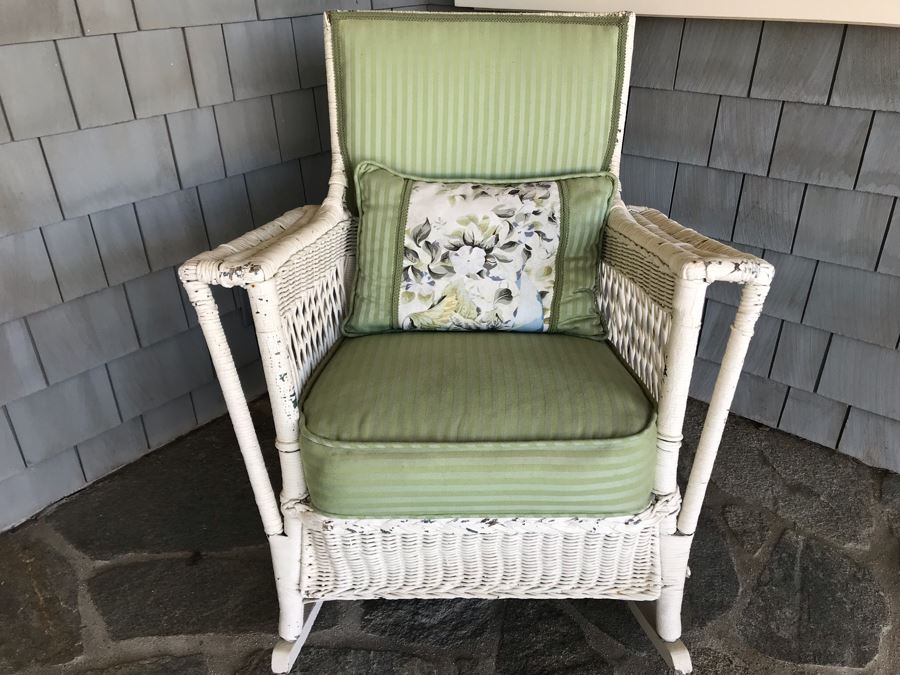 Antique Shabby Chic Real Wicker White Rocking Upholstered Armchair With Throw Pillow Originally From Hotel Del Coronado [Photo 3]