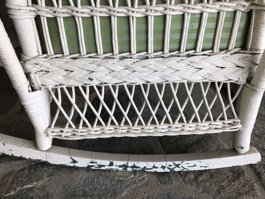 Antique Shabby Chic Real Wicker White Rocking Upholstered Armchair With Throw Pillow Originally From Hotel Del Coronado [Photo 7]