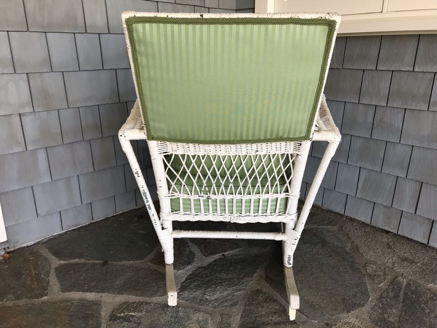 Antique Shabby Chic Real Wicker White Rocking Upholstered Armchair With Throw Pillow Originally From Hotel Del Coronado [Photo 8]