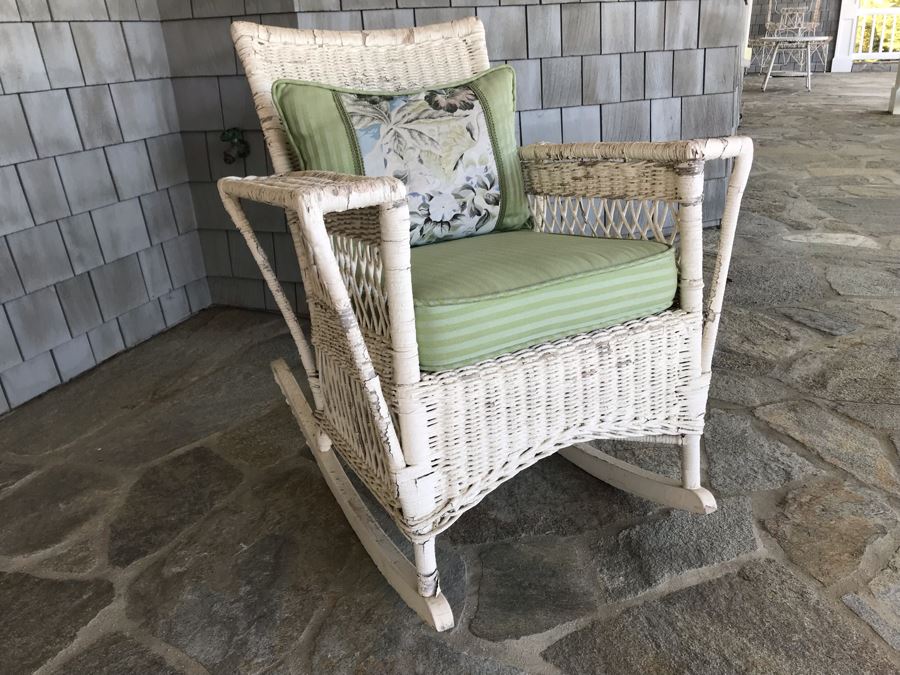Antique Shabby Chic Real Wicker White Rocking Upholstered Armchair With Throw Pillow Originally From Hotel Del Coronado [Photo 13]