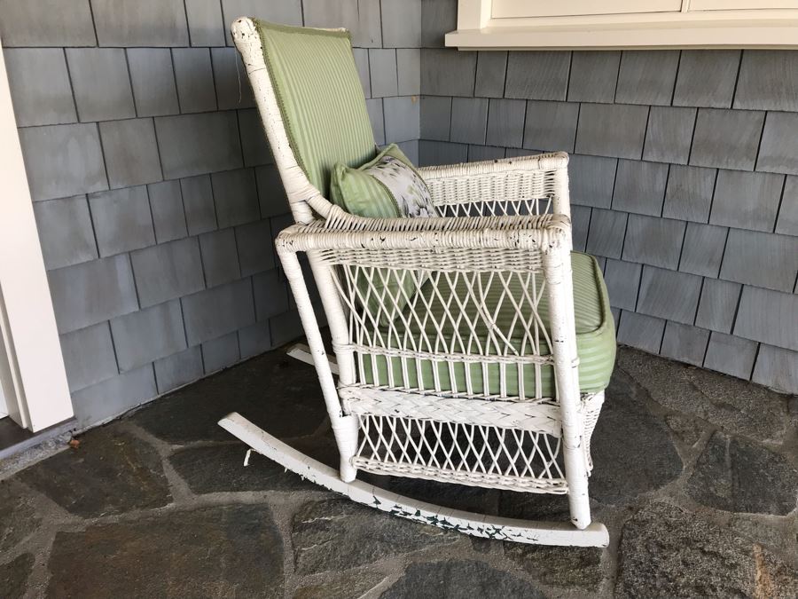Antique Shabby Chic Real Wicker White Rocking Upholstered Armchair With Throw Pillow Originally From Hotel Del Coronado [Photo 2]