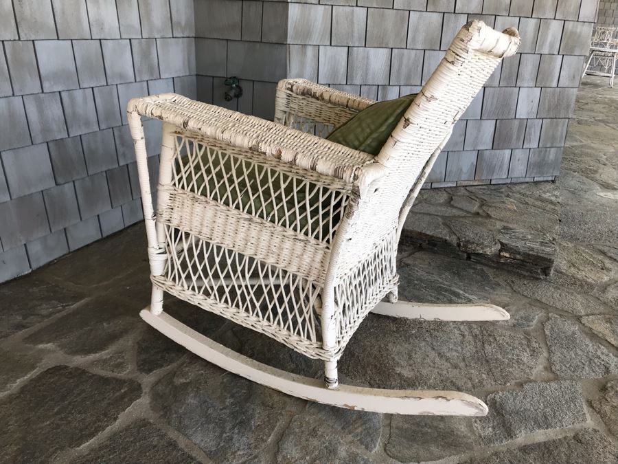 Antique Shabby Chic Real Wicker White Rocking Upholstered Armchair With Throw Pillow Originally From Hotel Del Coronado [Photo 21]